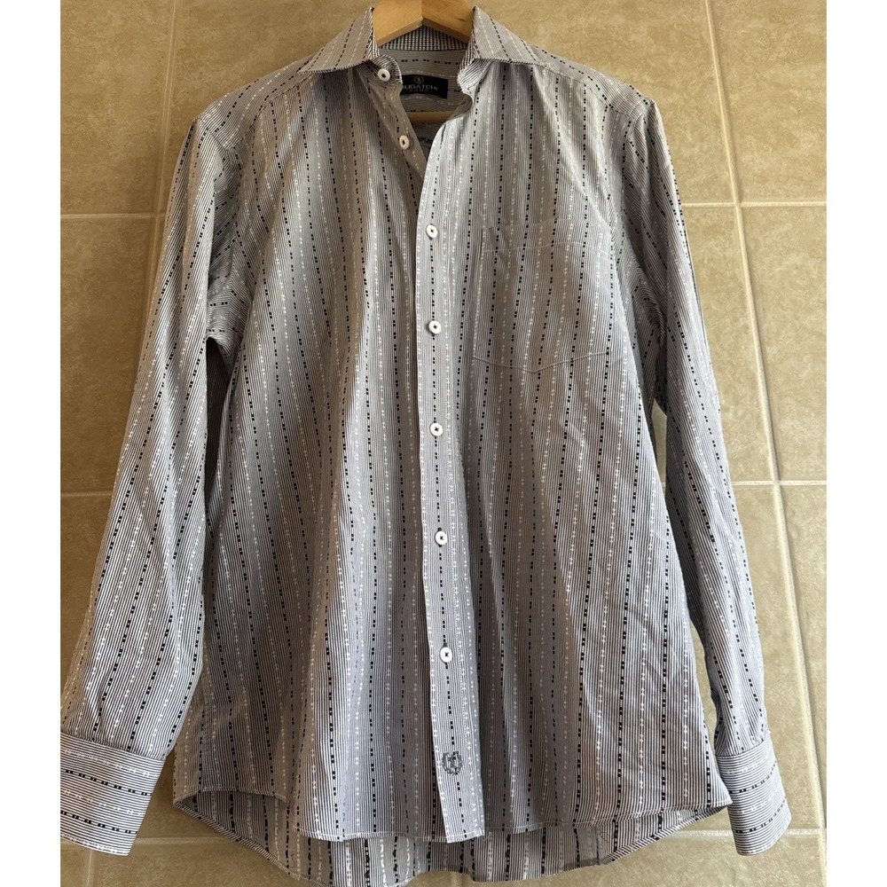 BUGATCHI UOMO Men's Medium Long Sleeve Collared Black White Striped Button Up